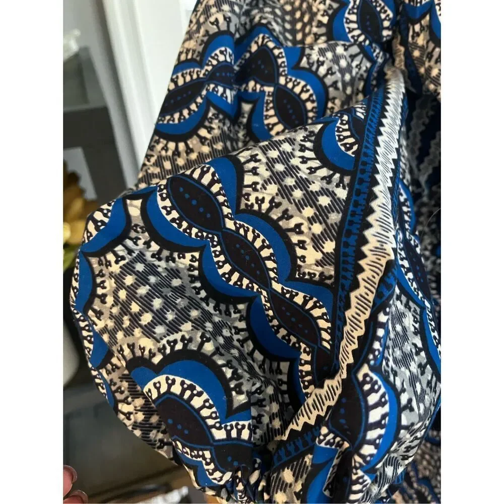 Ray Darten Blue & Black African Print Wrap Puff Sleeve Dress sz 1X EUC